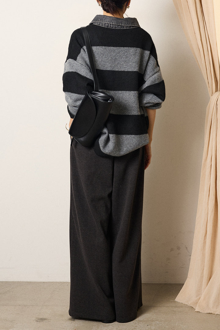 [SET]デニムカラーボーダールーズニット+ゴールドバックル太ベルト付きワイドパンツ(2set)