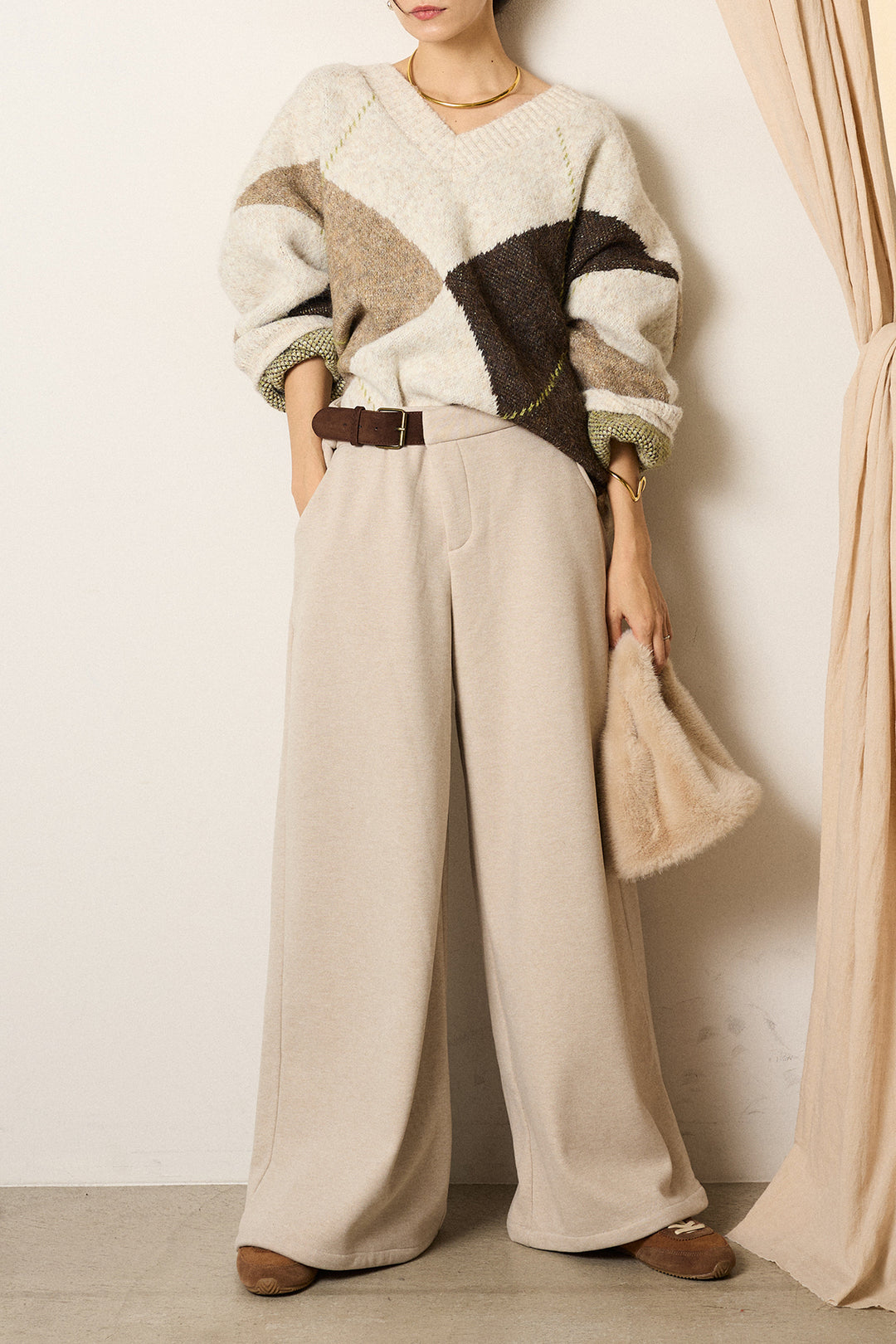 [SET]ルーズアーガイルVネックニット+サイドベルトパンツ(2set)