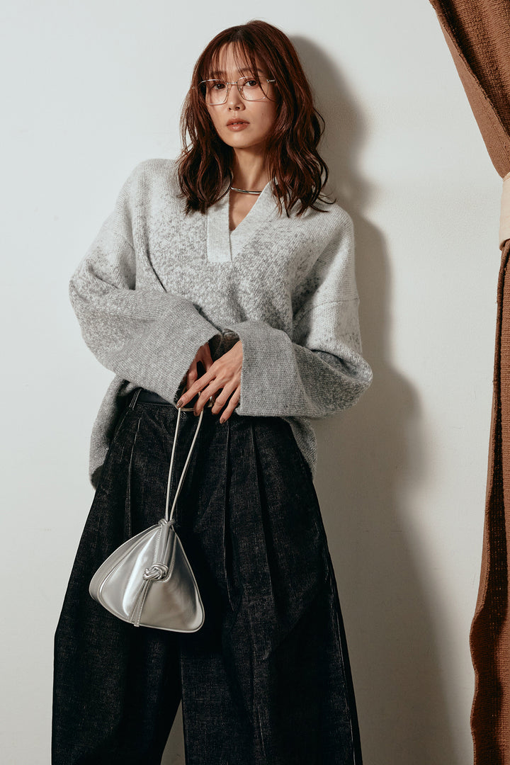 [SET]グラデーションラメニットキーネックプルオーバー+フロントタック入りコーデュロイパンツ(2set)