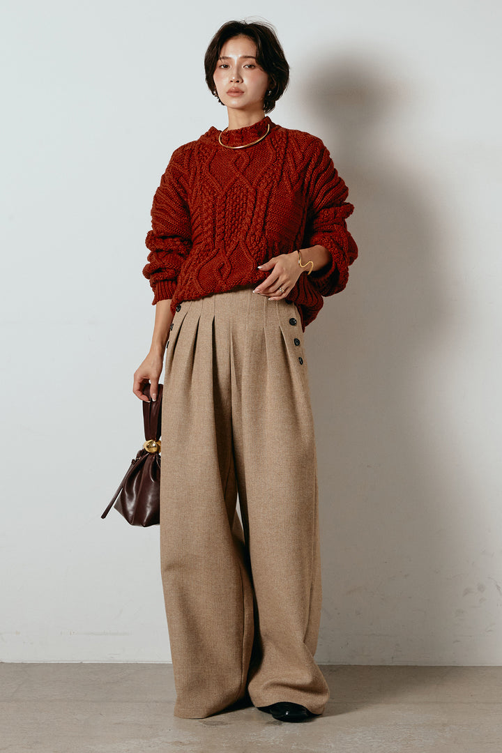 [SET]アラン柄ミックスケーブルニット+サイドボタンツイードタックパンツ(2set)