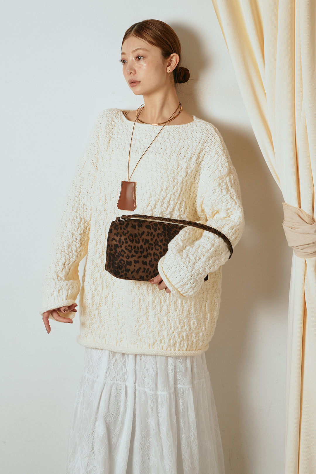 [SET]ボリューム編みニットプルオーバー+ひげレース切替ロング丈スカート(2set)