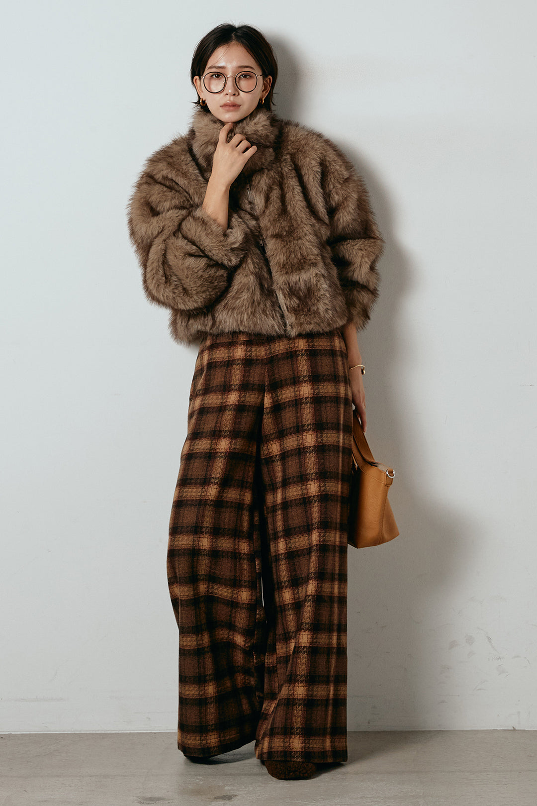 [SET]エコファーショート丈ブルゾン+ルーズタータンチェックワイドパンツ(2set)