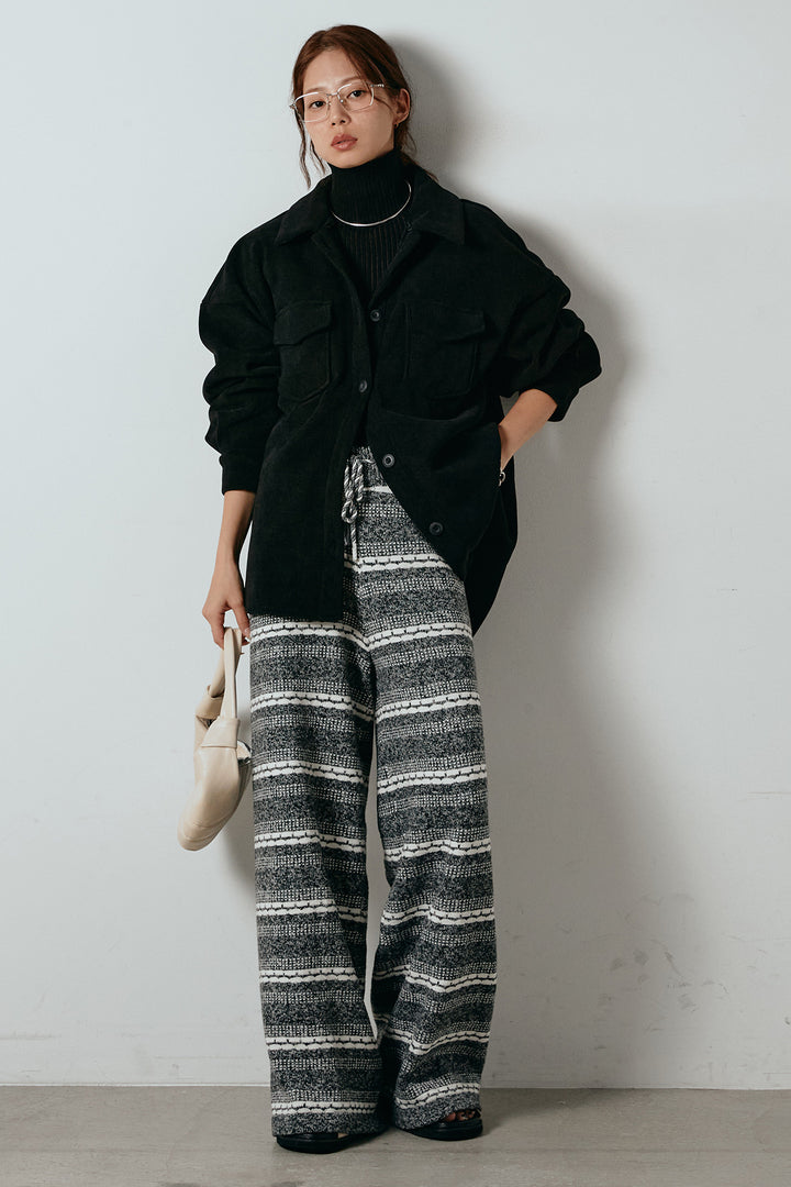 [SET]襟付きコーデュロイポケットシャツ+マルチライン柄リラックスニットパンツ(2set)