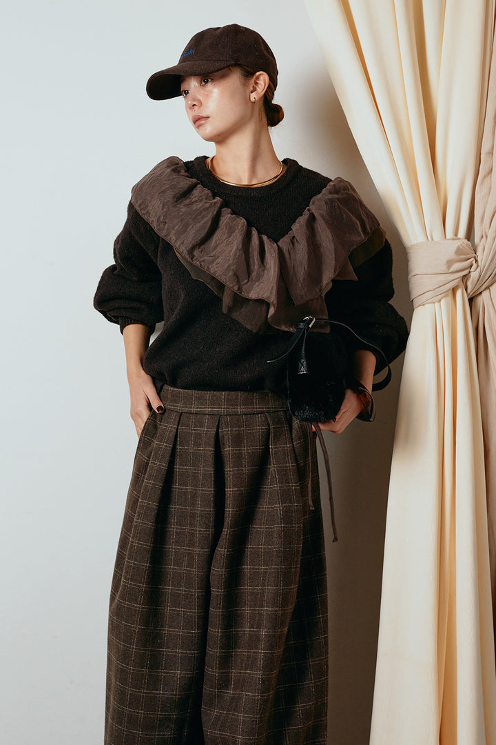 [SET]アシンメトリーフリルニットトップス+ウールライクチェックタックパンツ(2set)
