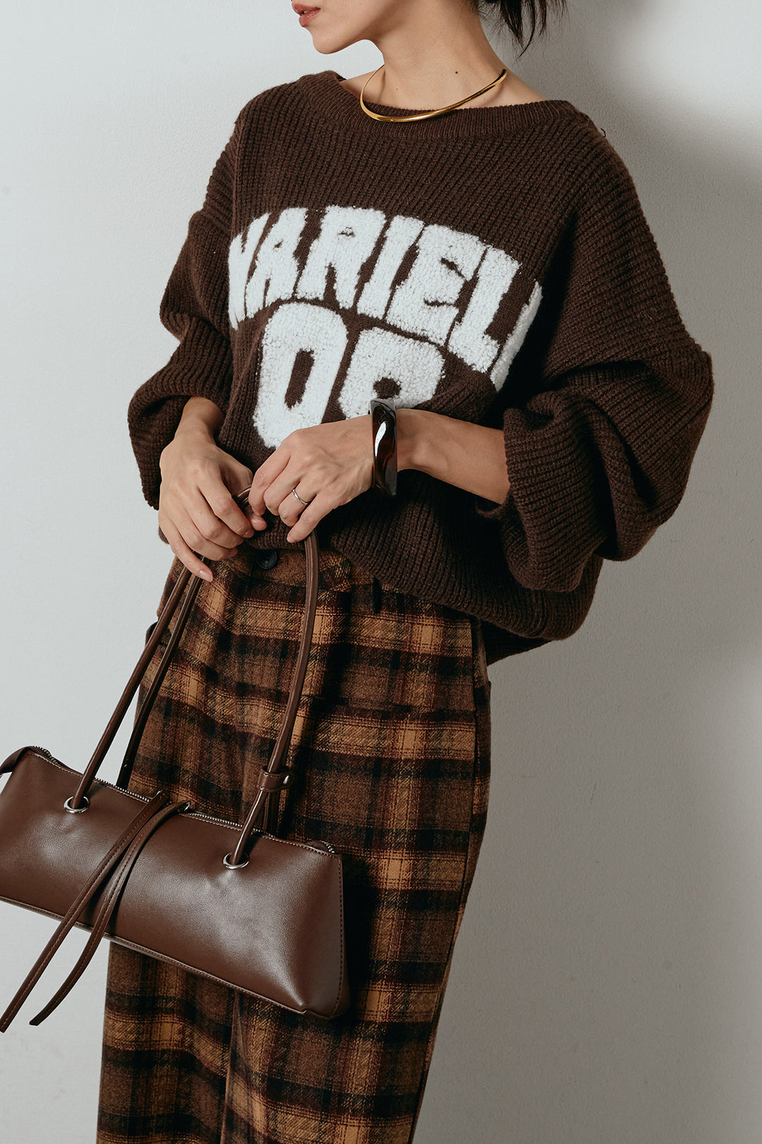 [SET]ロゴジャガードニットトップス+ルーズタータンチェックワイドパンツ(2set)