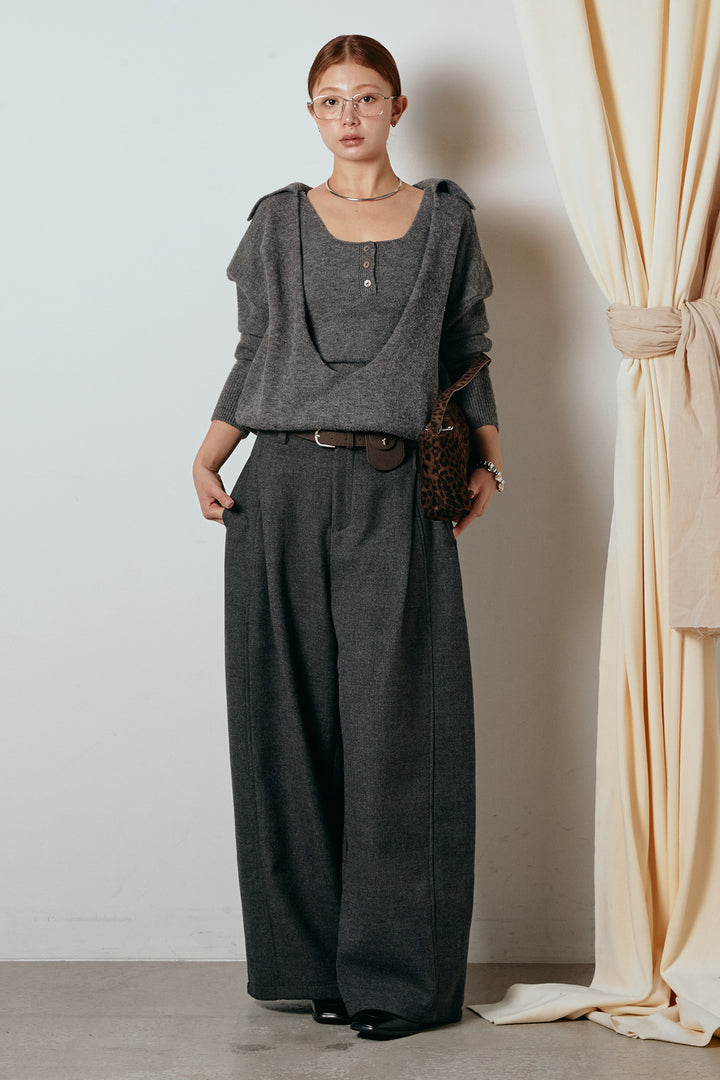 [SET]襟付きレイヤードニットトップス+ポーチベルト付きカーブパンツ(2set)