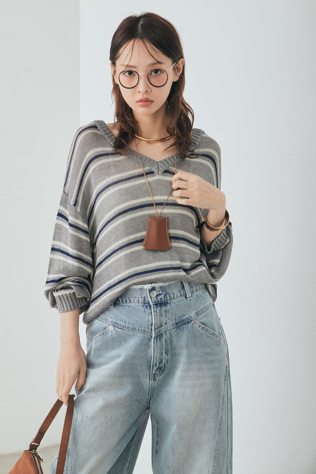 [SET]綿タッチVネックボーダートップス+デニムヨークパンツ(2set)