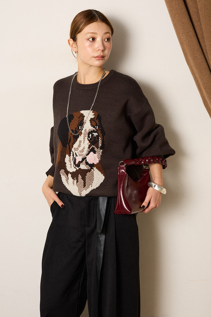 [SET]アニマルジャガード柄ニットトップス+巻ベルトウエストレザーライクワイドパンツ(2set)