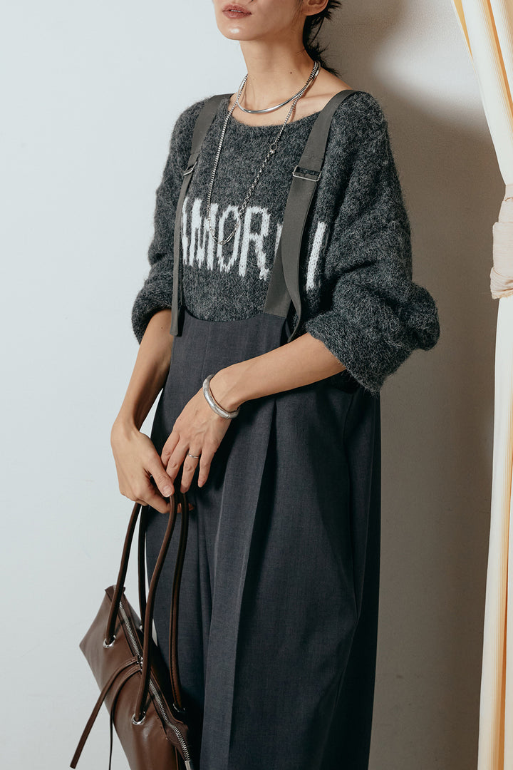 [SET]フロントロゴデザインニットトップス+ワイドツイルサロペット(2set)