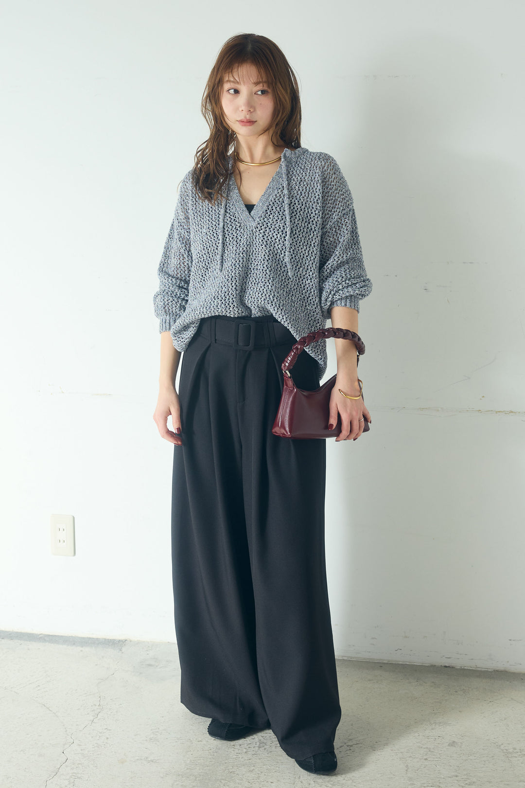 【即納】ミックスメッシュキーネックプルオーバー