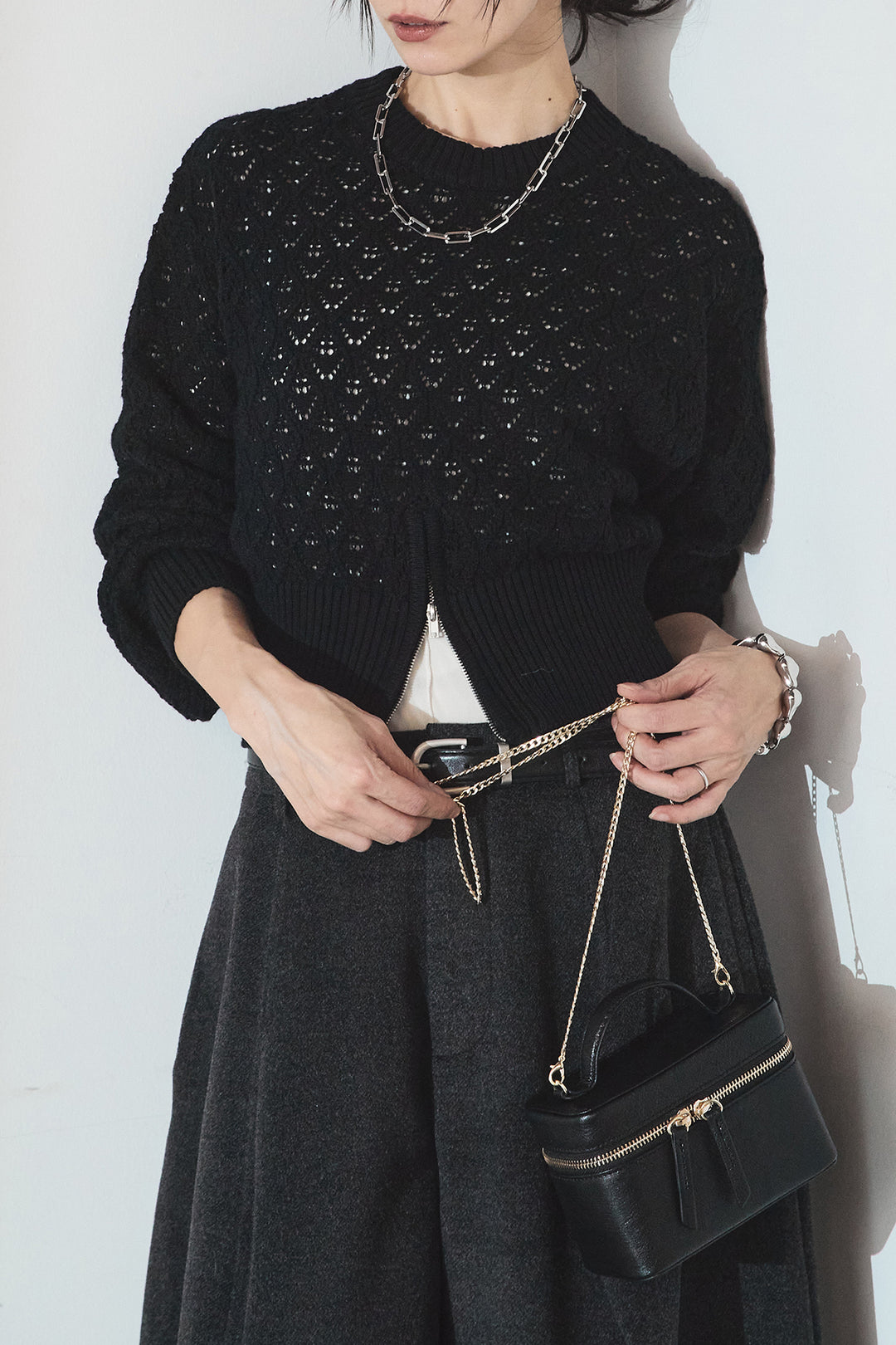 [SET]透かし編みニットジップスリットプルオーバー+ウールタッチカーブワイドパンツ(2set)