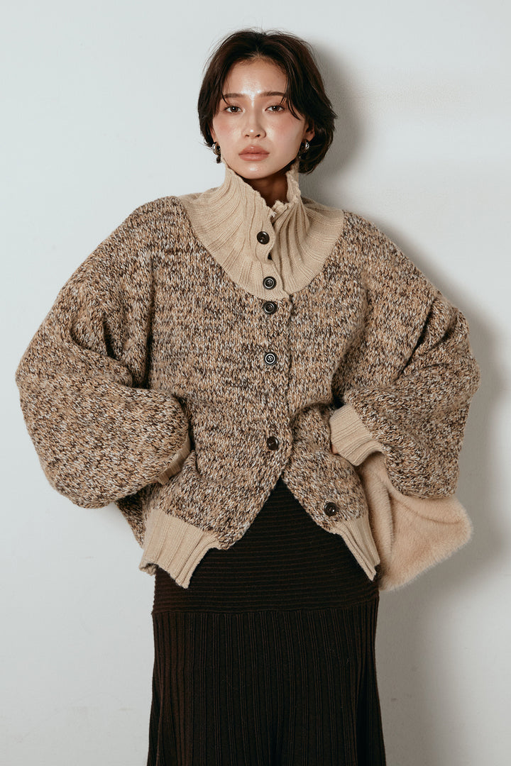 [SET]ハイネックミックスニットカーディガン+編み地切り替えフレアニットスカート(2set)