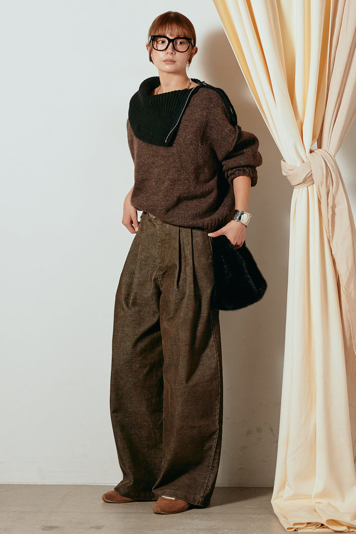 [SET]ハイネックジップデザインニットトップス+フロントタック入りコーデュロイパンツ(2set)