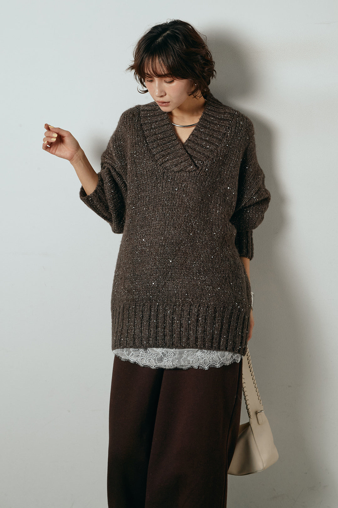 [SET]Vネックラメニットトップス+裏起毛スウェットワイドパンツ(2set)