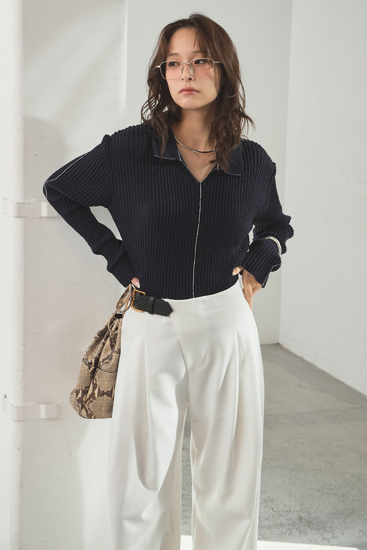 [SET]衿付きニットプルオーバー+サイドベルトタック入りスラックス(2set)