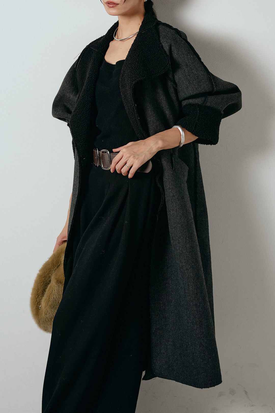 [SET]裏地ボアハイネックロングアウター+フェイクレザー太ベルト付きタックワイドパンツ(2set)