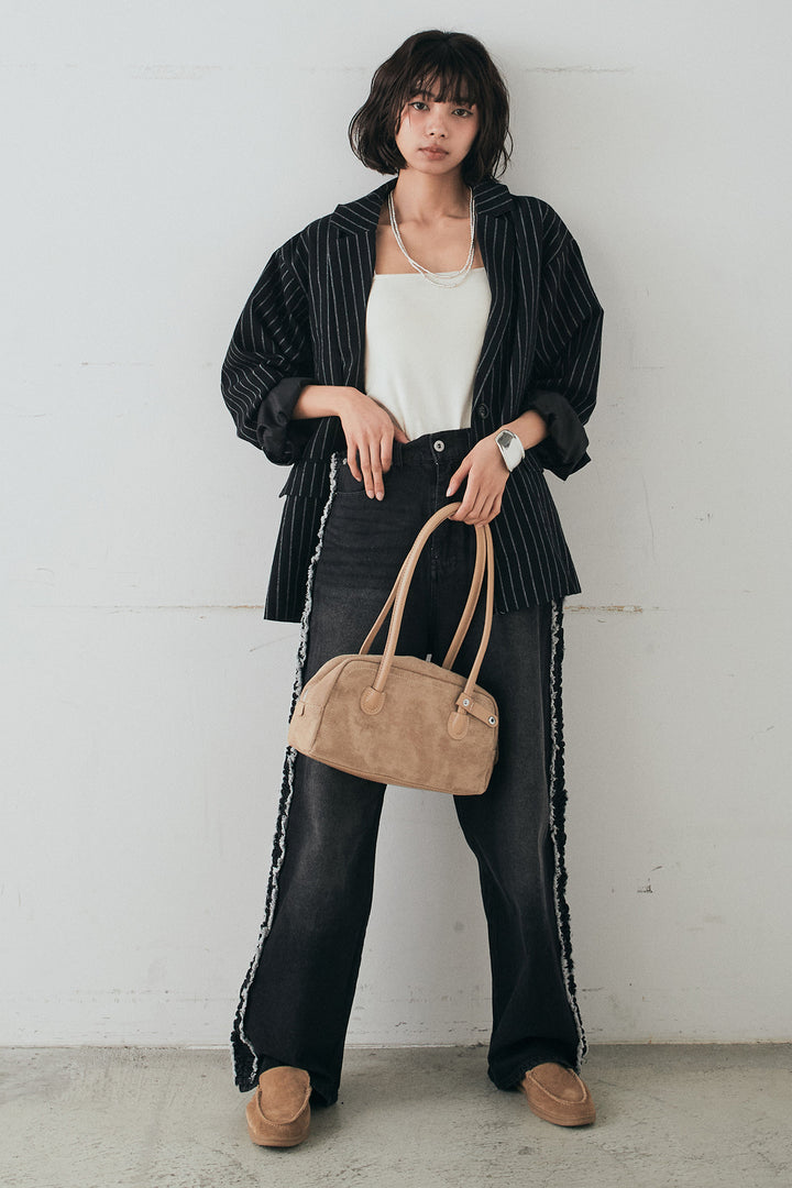 [SET]リネンライクストライプテーラードジャケット+デニムサイドフリルパンツ(2set)