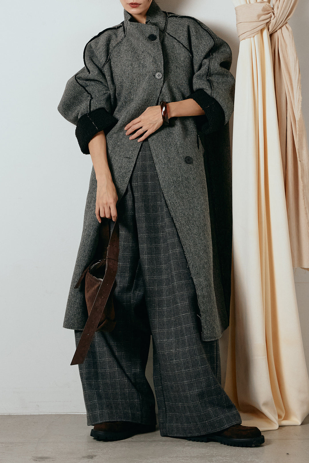 [SET]裏地ボアハイネックロングアウター+ウールライクチェックタックパンツ(2set)
