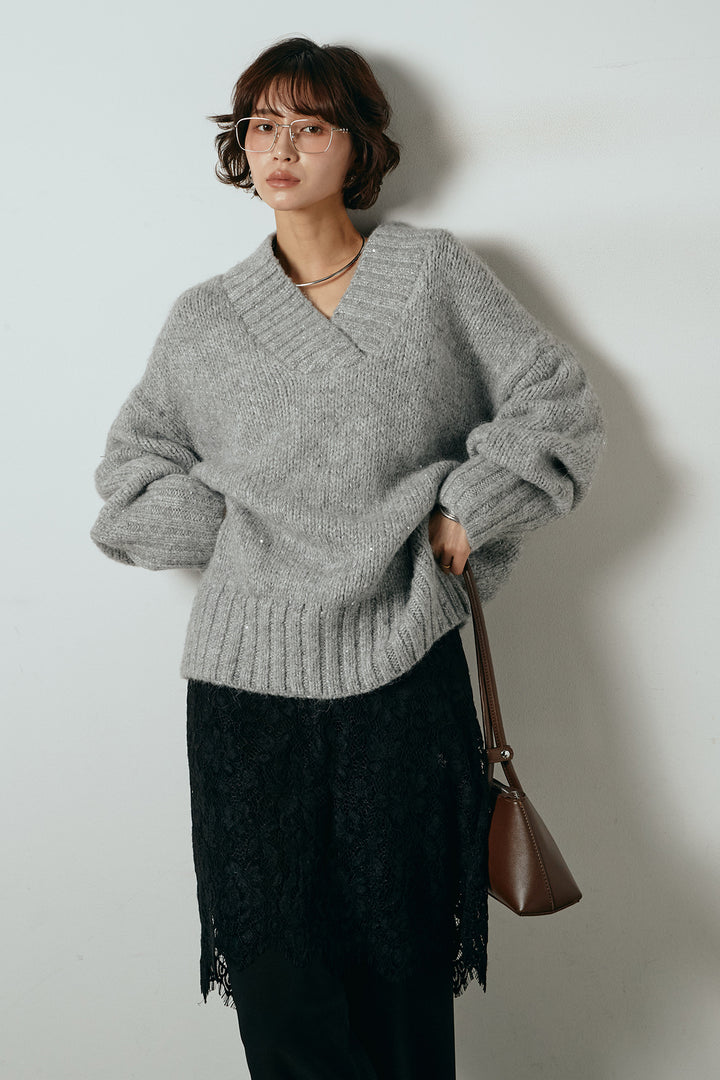 [SET]Vネックラメニットトップス+レース刺繍レイヤードフレアパンツ(2set)