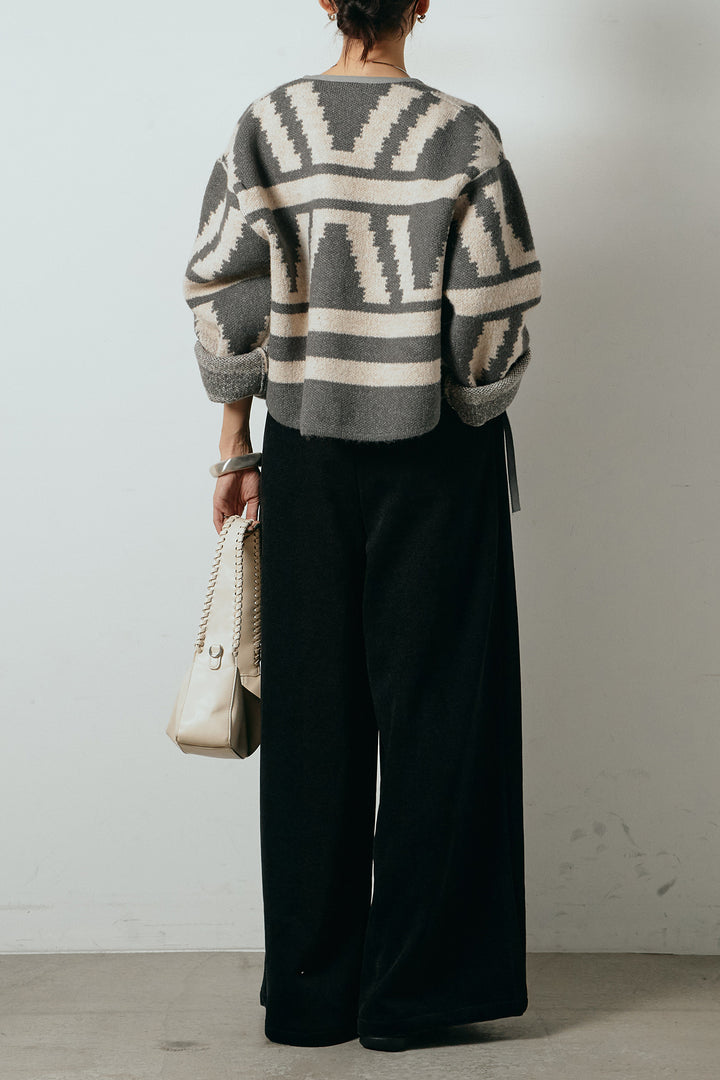 [SET]ノーカラー幾何学模様アウター+ベルトループコーデュロイワイドパンツ(2set)