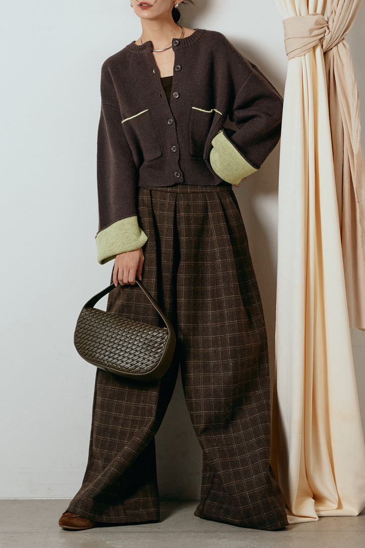 [SET]アルパカタッチダブルフェイスカーディガン+ウールライクチェックタックパンツ(2set)