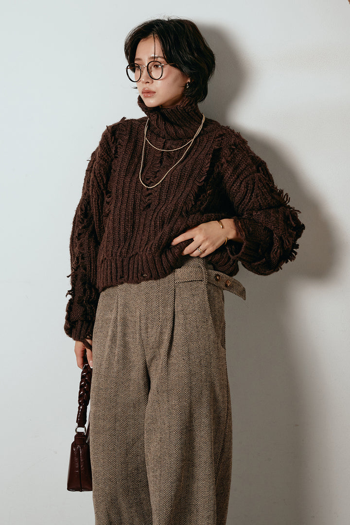 [SET]フリンジタートルショートニット+クラシックヘリンボーンサロペット(2set)