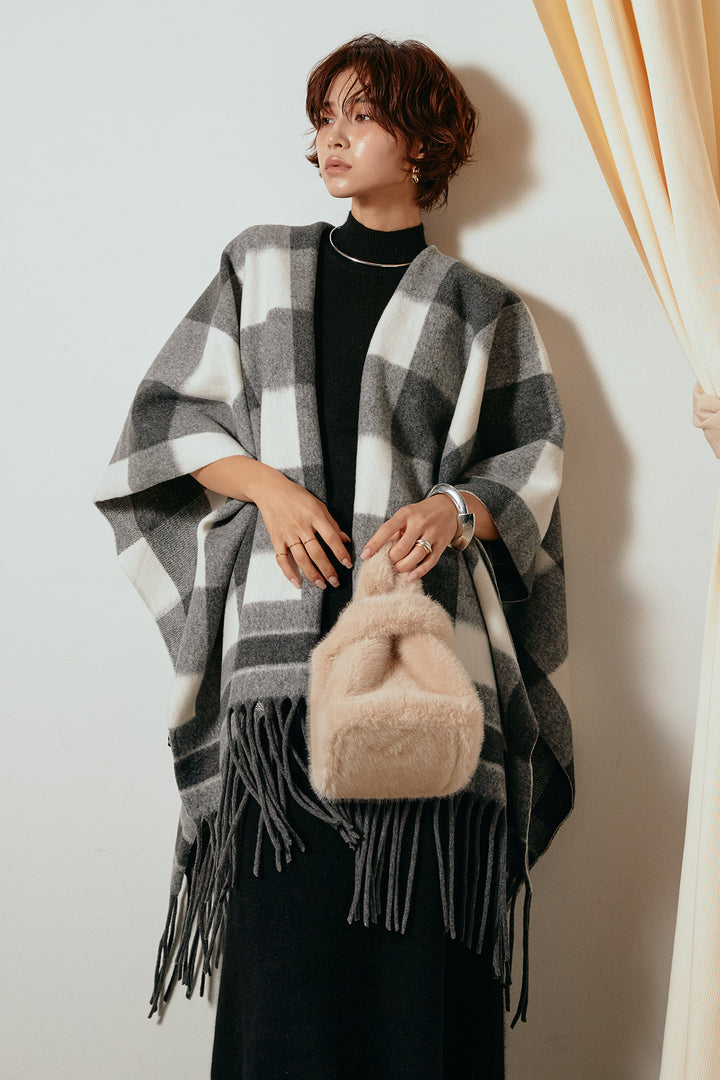 [SET]裾フリンジ柄ポンチョアウター+ノースリーブニットロングワンピース(2set)