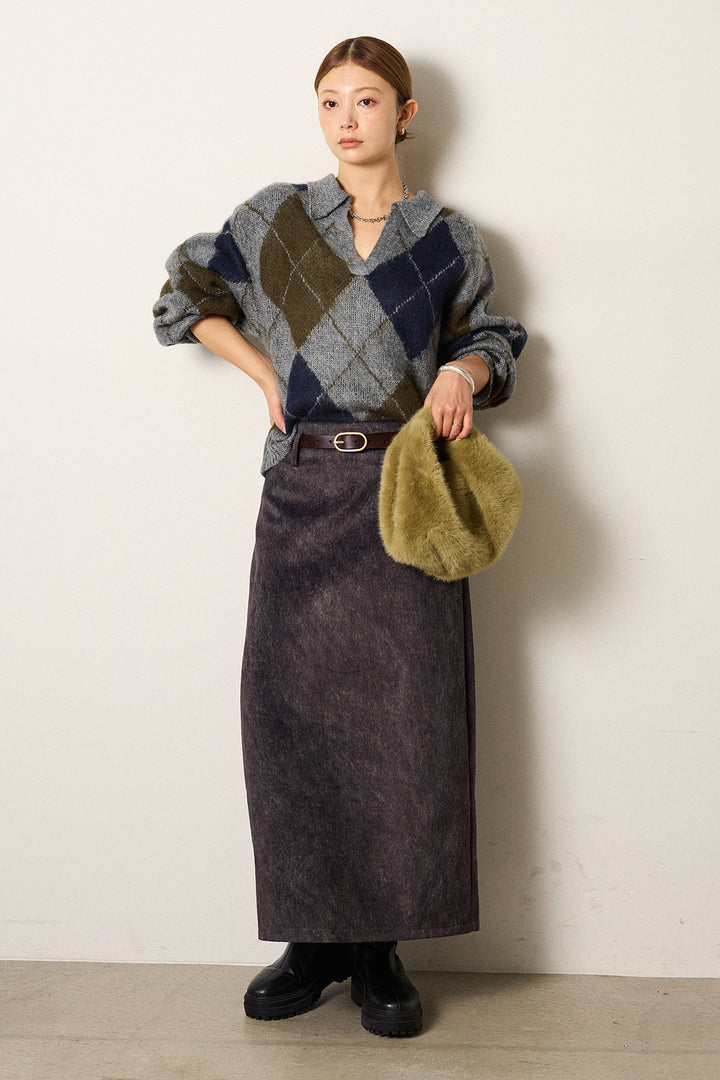 [SET]アクリルモヘアアーガイルキーネックプルオーバー+ロープベルト付きスウェード調スカート(2set)