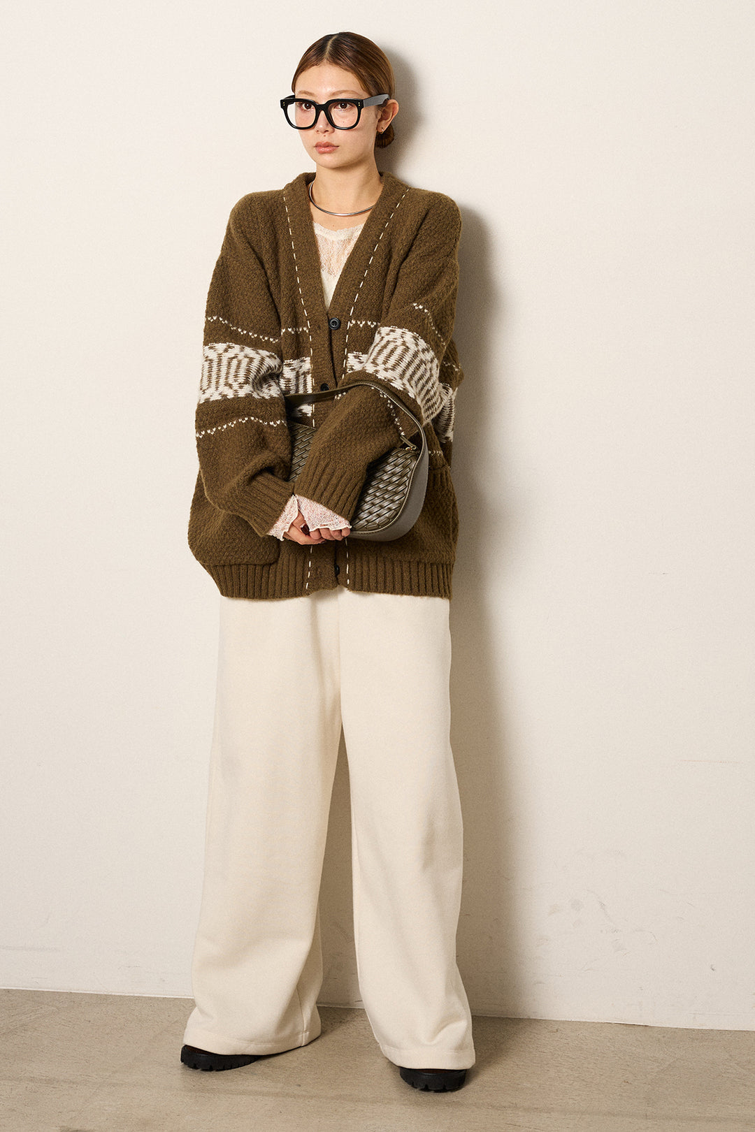 [SET]ライン柄ステッチニットカーディガン+2WAY袖コード刺繍クルーネックプルオーバー+裏起毛スウェットワイドパンツ(3set)