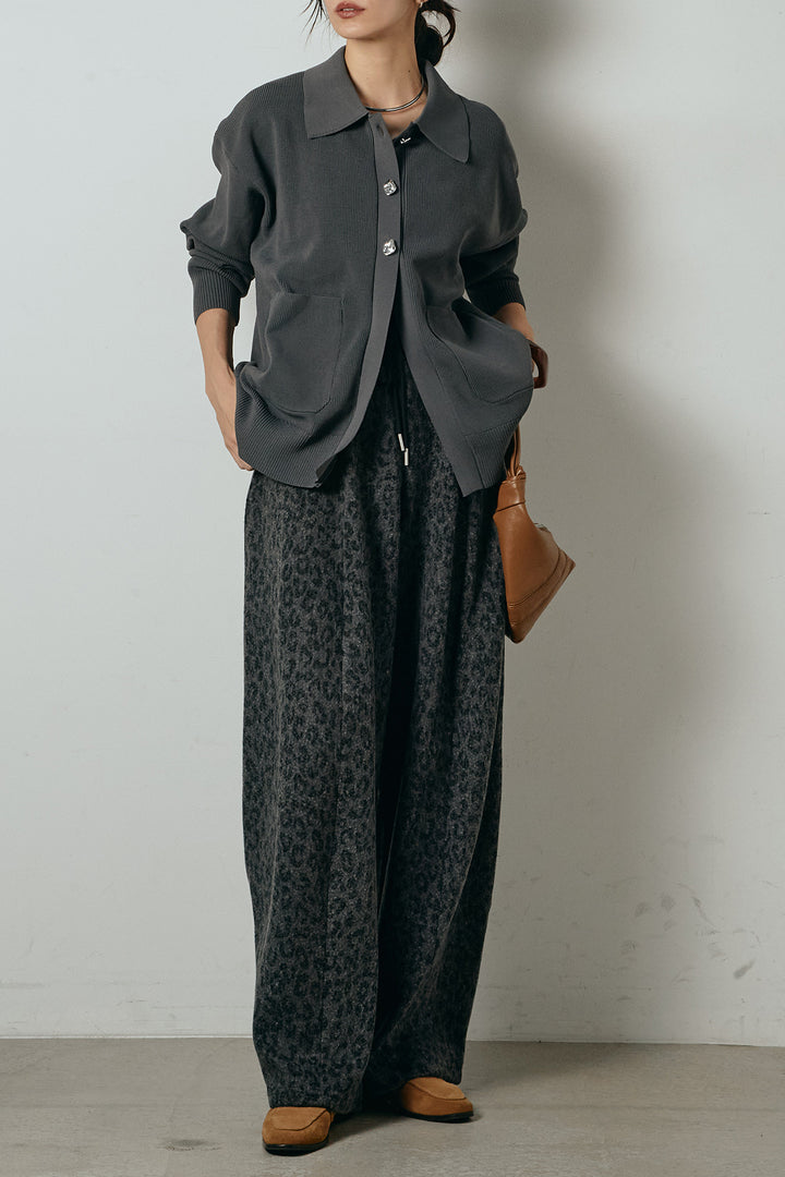 [SET]メタル釦衿付きニットカーディガン+リラックスレオパード柄ワイドパンツ(2set)