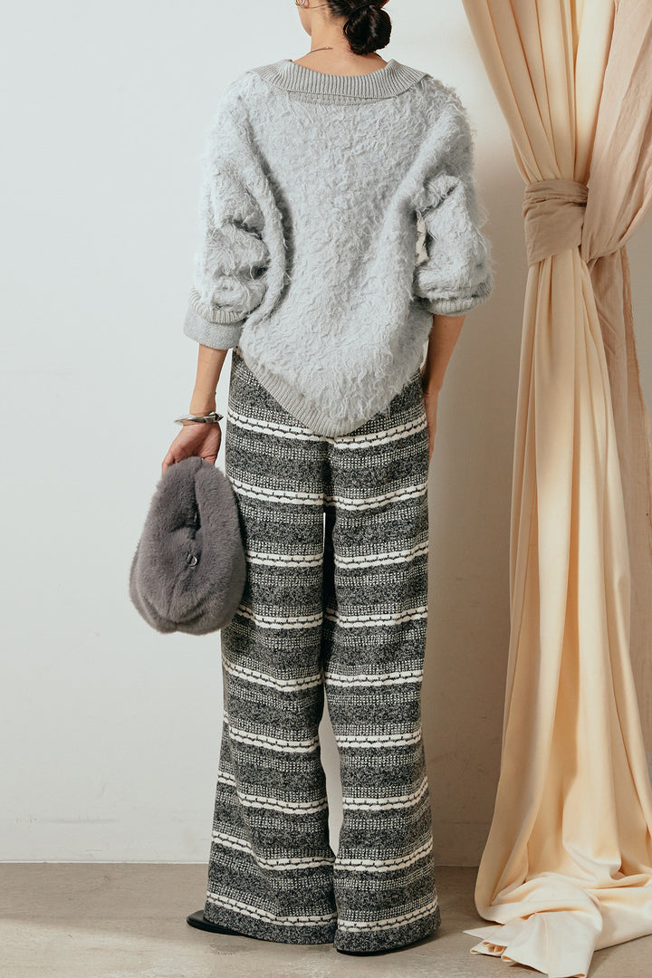 [SET]襟付きシャギーニットポロトップス+マルチライン柄リラックスニットパンツ(2set)