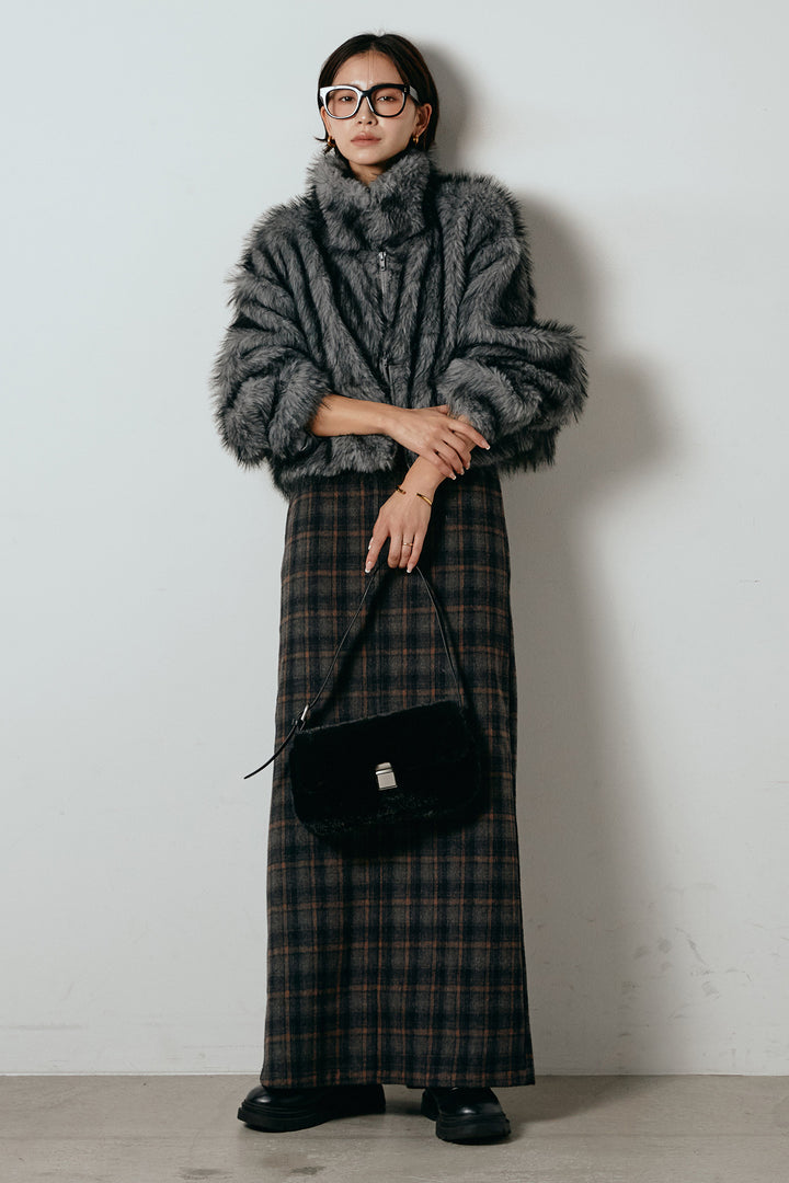 [SET]エコファーショート丈ブルゾン+シャギーチェックストレートスカート(2set)