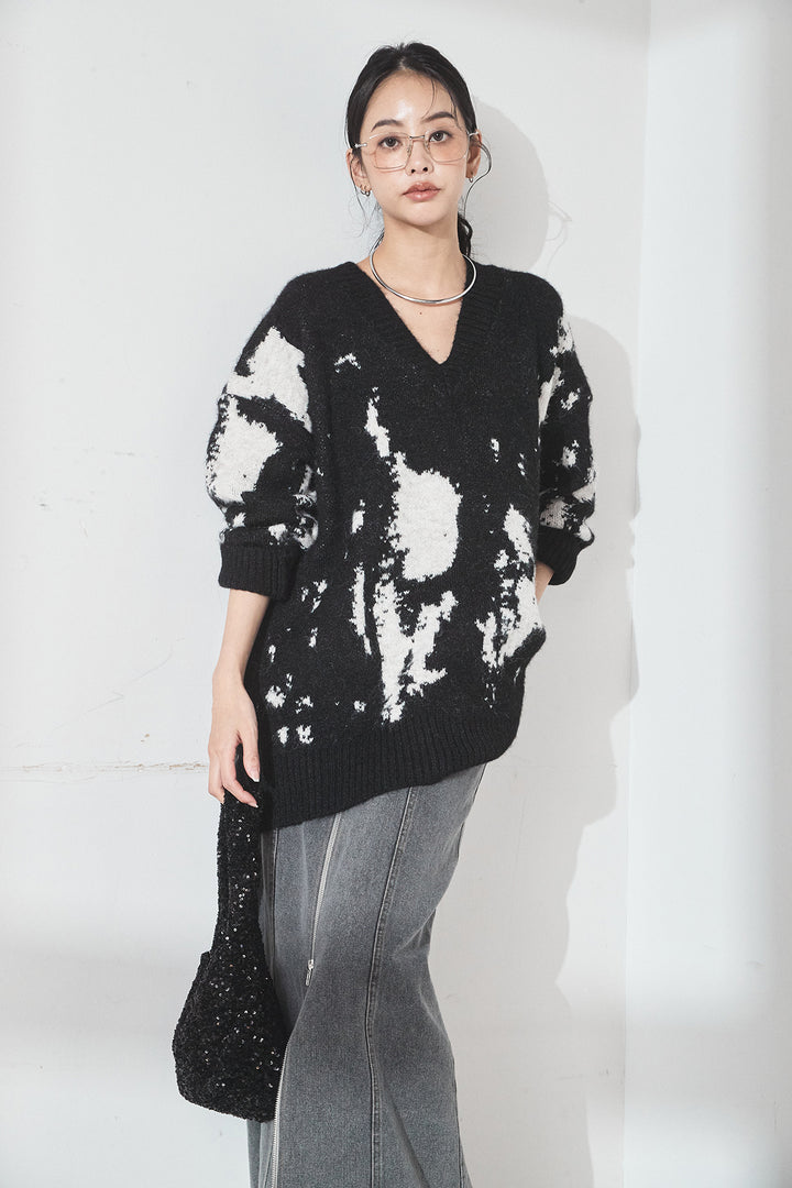 [SET]アブストラクト柄ニットプルオーバー+フロントジップデニムスカート(2set)