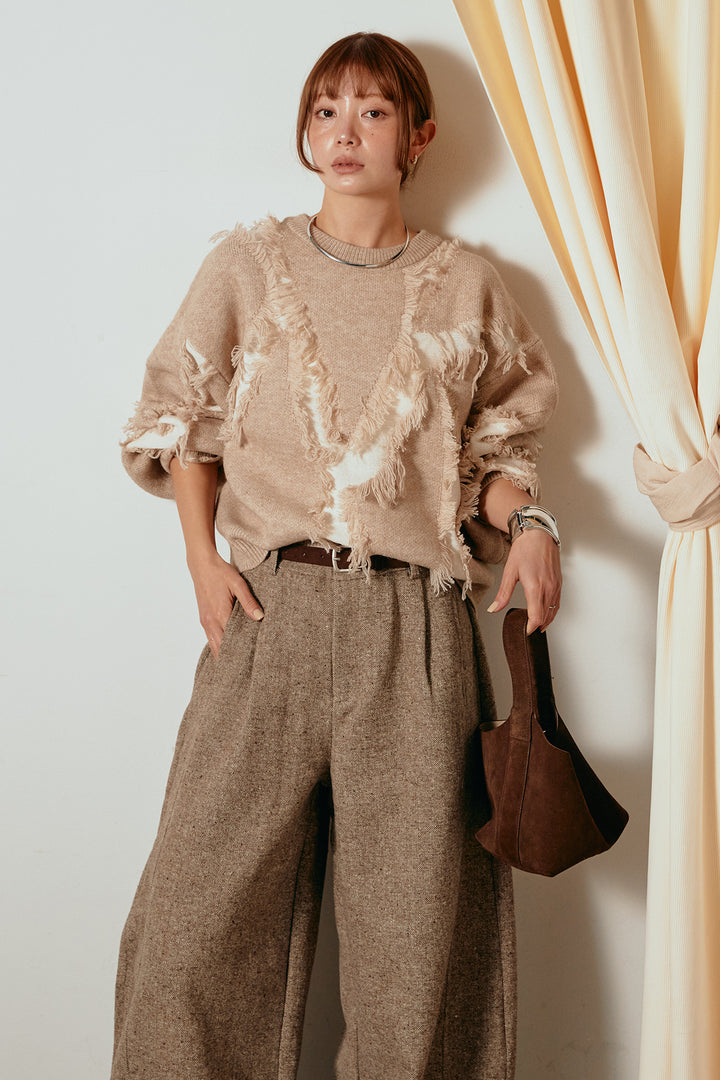 [SET]シャギージャガードニットトップス+ベルト付きネップツイードカーブパンツ(2set)