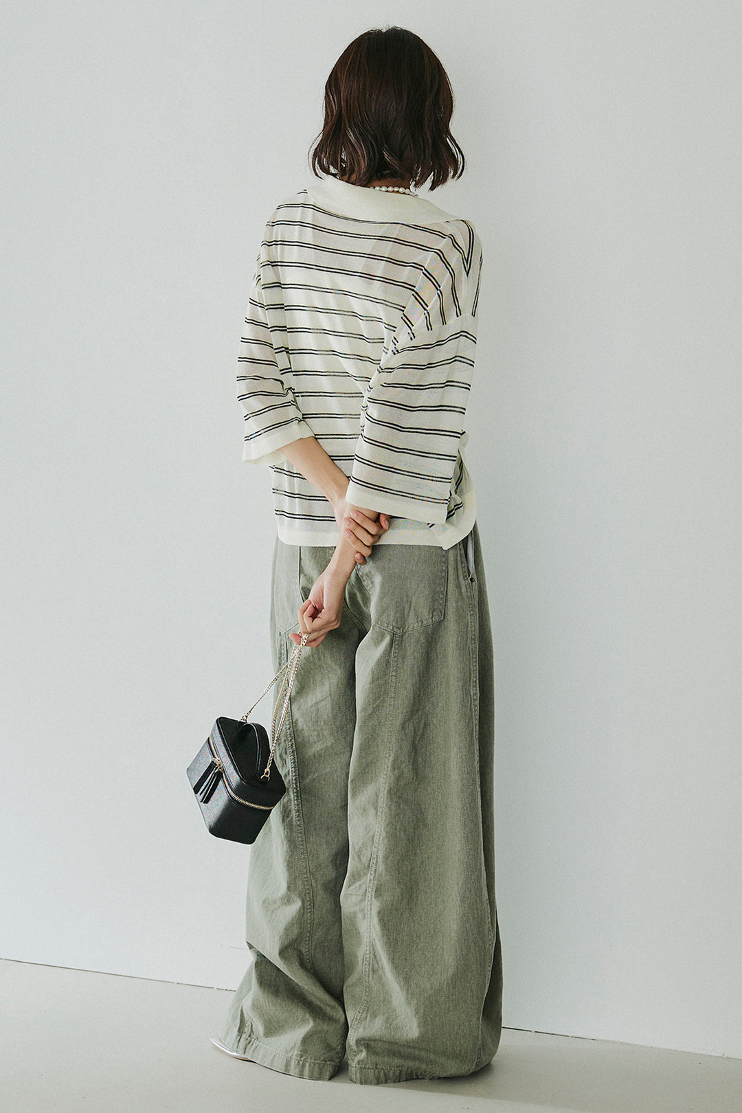 [SET]ボーダーニットポロシャツ+サイドベルトカーブワイドパンツ(2set)