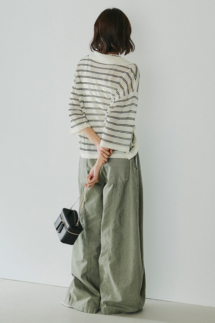 [SET]ボーダーニットポロシャツ+サイドベルトカーブワイドパンツ(2set)