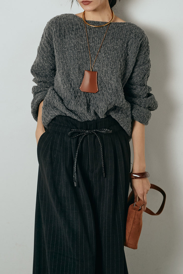 [SET]ボリューム編みニットプルオーバー+編みベルト付きピンストライプワイドパンツ(2set)