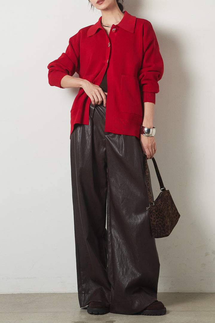 [SET]メタル釦衿付きニットカーディガン+ベルト付きレザーライクタックパンツ(2set)