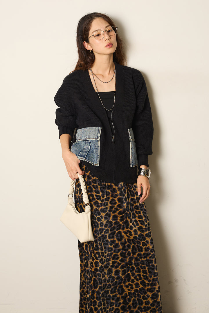 【即納】デニムポケットジップニットカーディガン