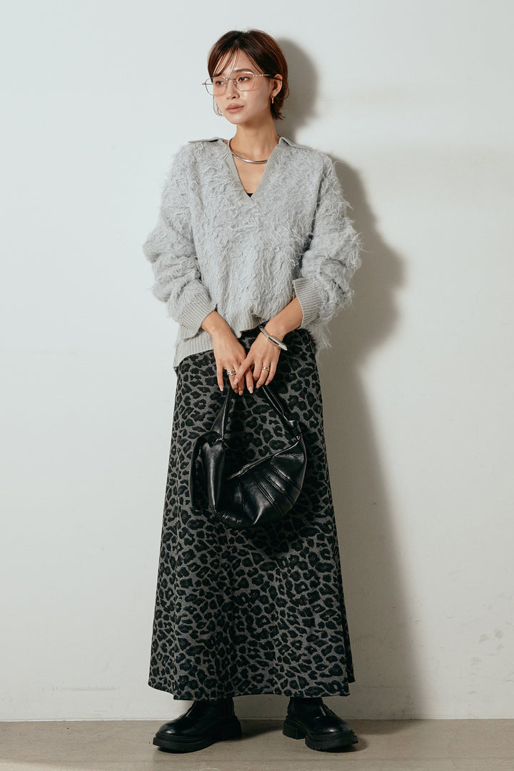[SET]襟付きシャギーニットポロトップス+レオパードロングスカート(2set)