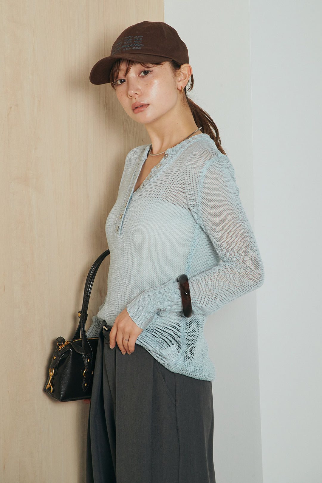 [SET]ヘンリーネックダメージニットプルオーバー+ビックベルトループタックベルト付きワイドパンツ(2set)