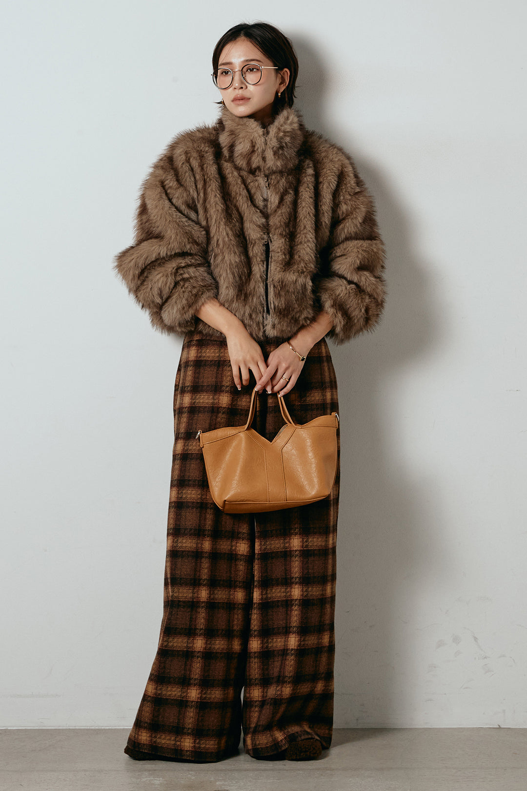 [SET]エコファーショート丈ブルゾン+ルーズタータンチェックワイドパンツ(2set)