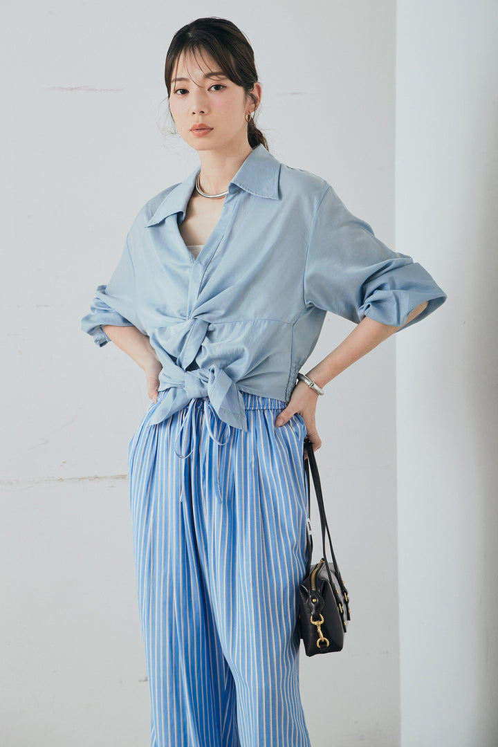 [SET]裾巻きツイストデザインシャツ+レーヨンストライプイージーワイドパンツ(2set)