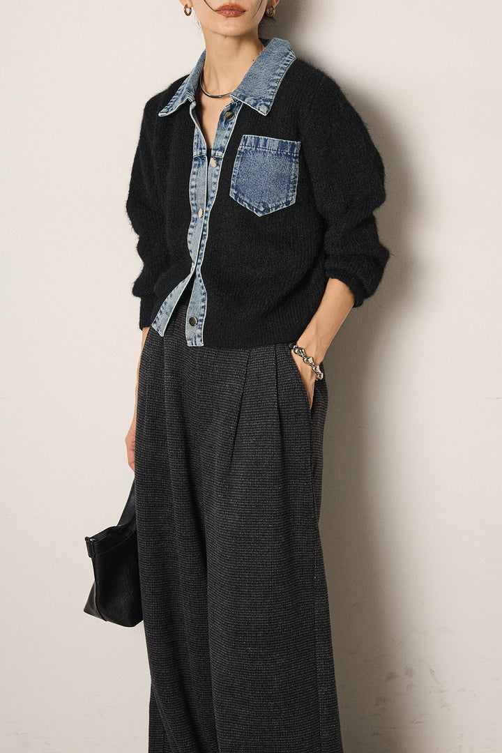 [SET]襟付きデニム切替ニットカーディガン+起毛タック入りツイードワイドパンツ(2set)