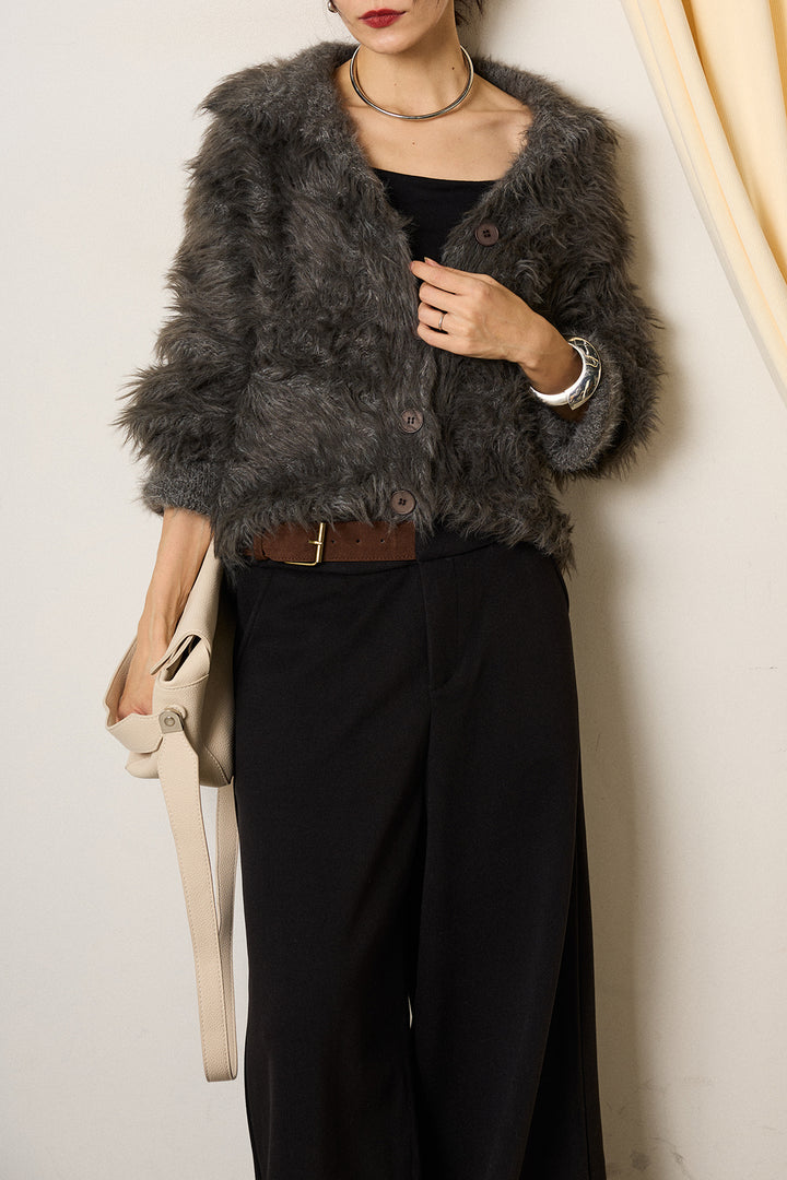 [SET]襟付きシャギーニットカーディガン+サイドベルトパンツ(2set)