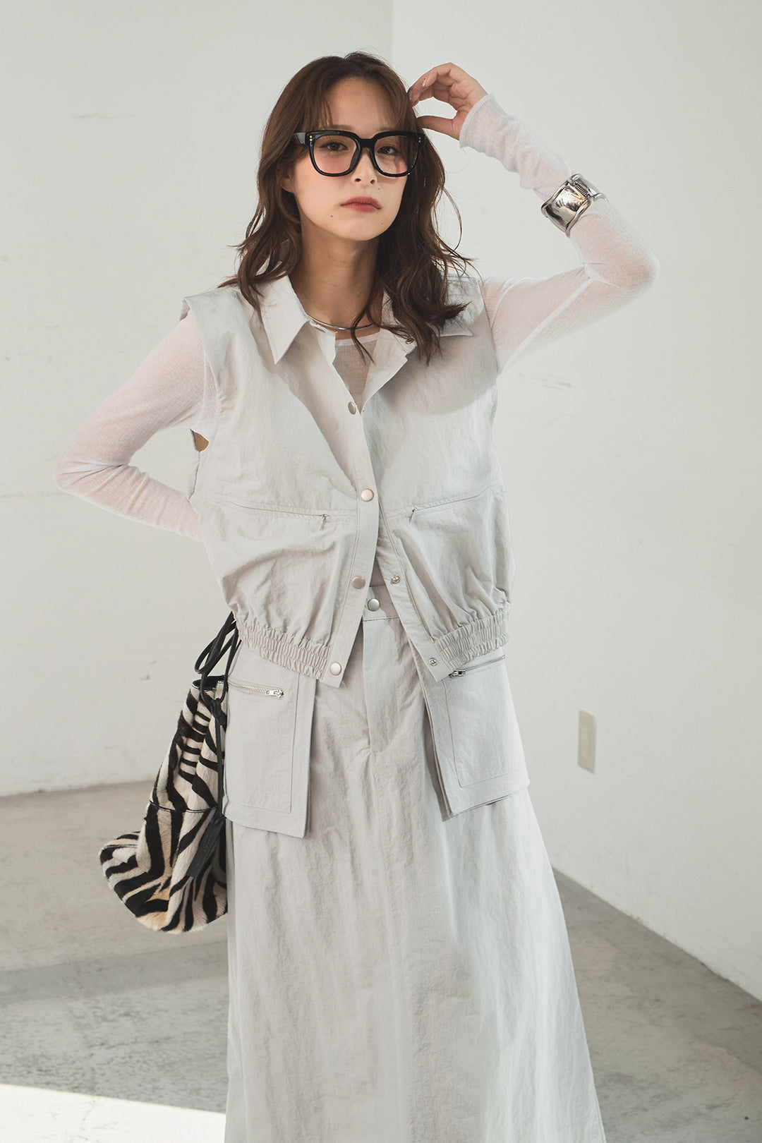 [SET]襟付きナイロンベスト+サイドデザインナイロンスカート(2set)