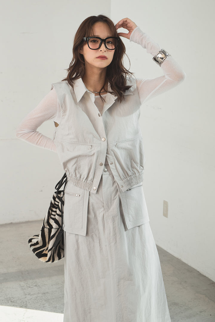 [SET]襟付きナイロンベスト+サイドデザインナイロンスカート(2set)