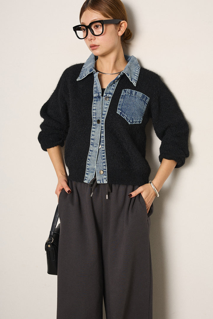 [SET]襟付きデニム切替ニットカーディガン+裏起毛スウェットワイドパンツ(2set)