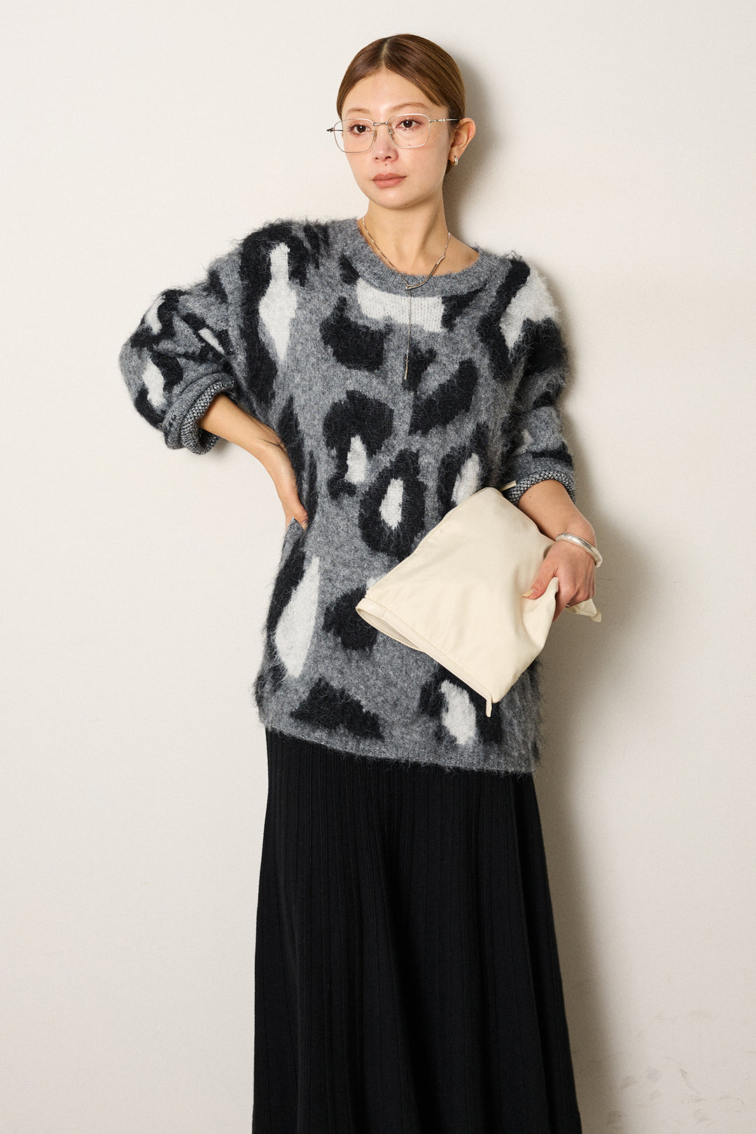 [SET]ルーズアニマルモヘアニットトップス+編み地切り替えフレアニットスカート(2set)