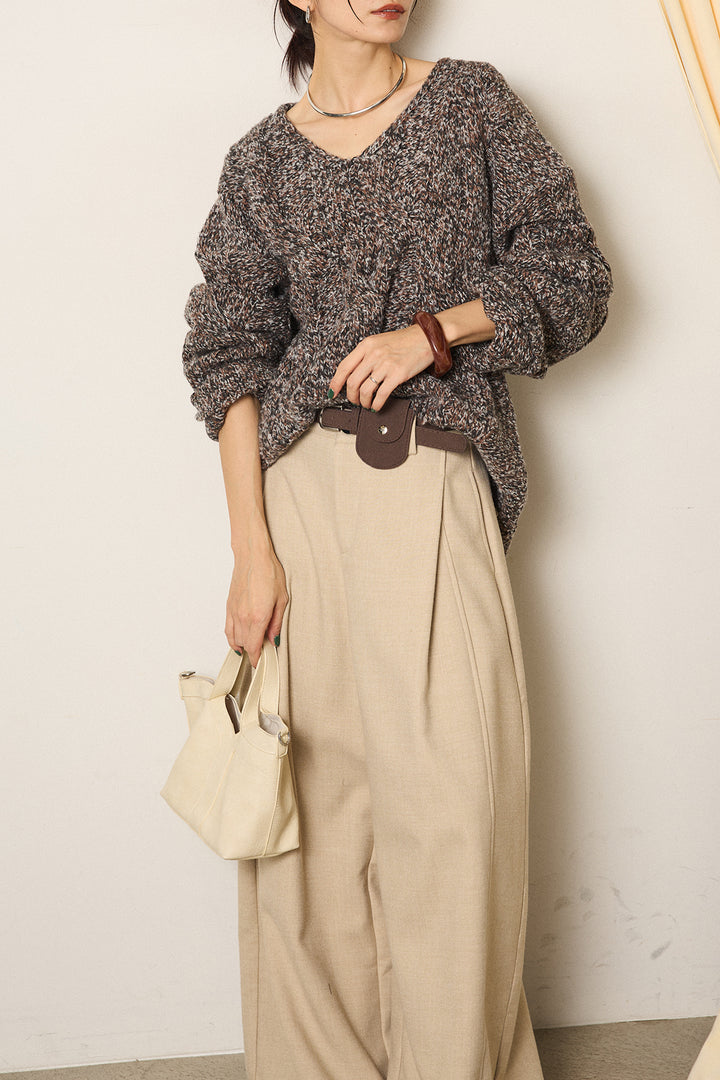 [SET]Vネックミックス編みニットトップス+ポーチベルト付きカーブパンツ(2set)